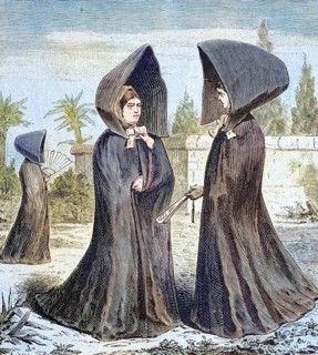 Women's traditional costume from the island of Fayal, Azores, coloured wood engraving, reproduction