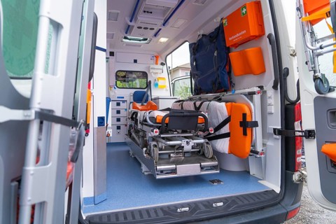 Interior view of an equipped ambulance with stretcher and emergency equipment, Sindelfingen,