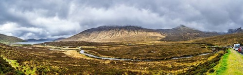 Panorama of Eas a' Bhradain waterfall, Red Cuillin mountains, Loch Ainort, Isle of Skye, Scotland,