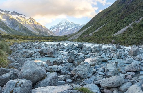 Hiking trail of the Hooker Valley Track, Mount Cook National Park, South Island, New Zealand,