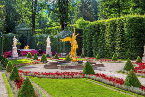 Baroque garden parterre on the west side of Linderhof Palace, Ettal, Ammertal, Upper Bavaria,