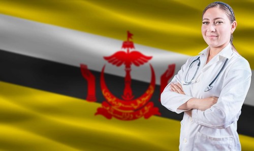 Female doctor on Brunei flag. Doctor with crossed arms on Brunei flag. Brunei health and care