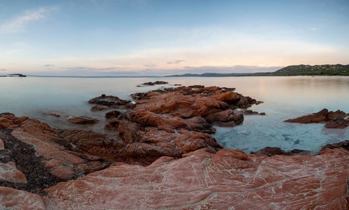 Rocky coast, sunrise, Plage de Palombaggia, Corsica, France