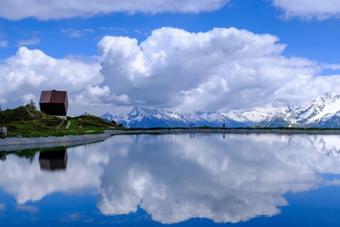 Garnet Chapel, Mario Botta, with snow pond Finkenberg, Penken, Mayrhofen, Zillertal, Tyrol, Austria