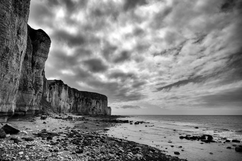 Cliff, cliffs, coastal landscape, rock formation, cloudy sky, sea, black and white, Yport, chalk