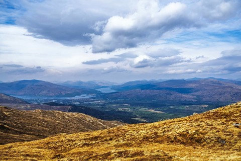 View from Nevis Range Mountains, Grampian Mountains, Fort William, Highland, Lochaber, Scotland, UK