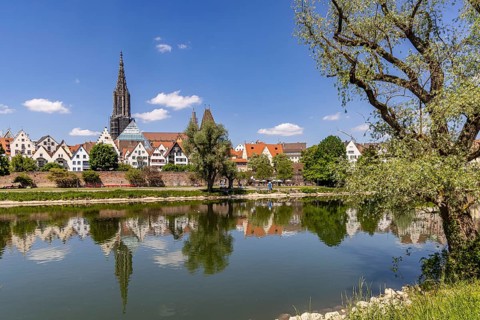 City view of Ulm with the Danube. Ulm Minster, Metzgerturm and old town. Ulm, Baden-Württemberg,