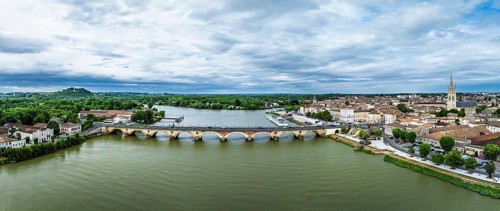 Panorama of Libourne from a drone, Gironde, Nouvelle-Aquitaine, Saint-Emilion and Pomerol,