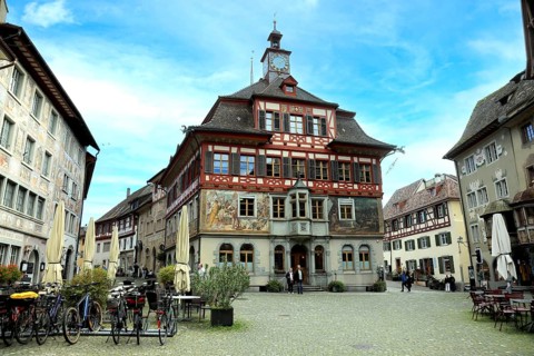 Town Hall Square, Rathausplatz and Town Hall, Stein am Rhein, Canton of Schaffhausen, Switzerland
