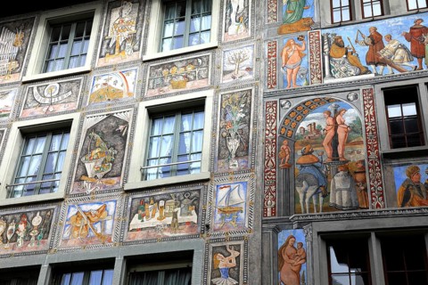 House facade with facade painting in the old town, Stein am Rhein, Canton Schaffhausen, Switzerland