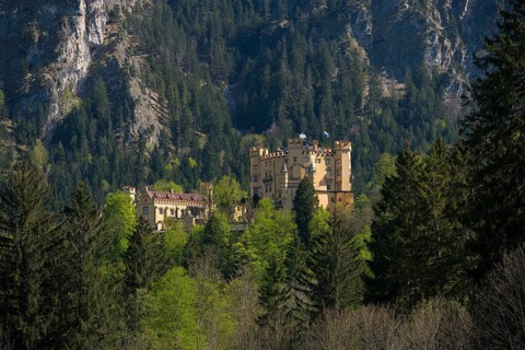 Hohenschwangau Castle is hidden in a dense mountain forest beneath dramatic towering cliffs,