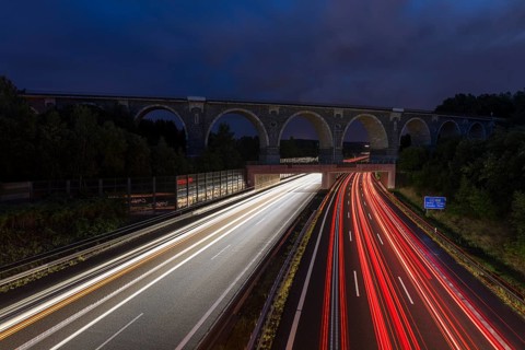 Railway bridge Bahrebachmühlen viaduct over the A4 motorway at night, Chemnitz, Saxony, Germany