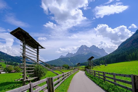 Wooden rack for drying hay, Sesto, Dolomites, Val Pusteria, South Tyrol, Italy