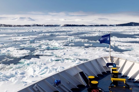 Bow of expedition ship in sea ice, Ice Edge, Spitsbergen, Svalbard