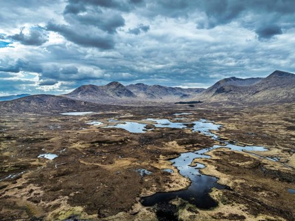 Rannoch Moor from a drone over Loch Ba and Loch of the Armpit, A82 Highland Way, Argyll and Bute,