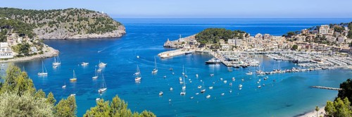 Port de Soller on Majorca from above Holiday by the sea Panorama beach Harbour with boats Trip in