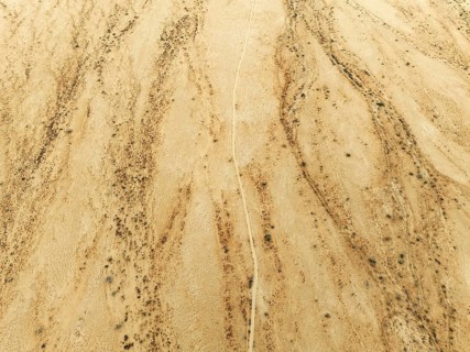 Track crossing an arid desert plain and dried-up river beds with sparse vegetation. Aerial view.