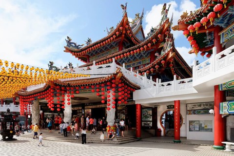 Thean Hou Temple to the Goddess Mazu with red and yellow chinese lanterns, Kuala Lumpur, Malaysia,