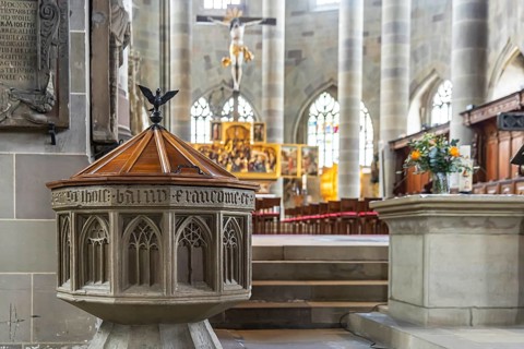 Baptismal font. Protestant parish church of St Michael. As Johannes Brenz's place of work, it was