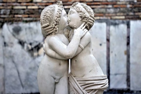 Statue of Love and Psyche, man and woman kissing, naked couple, stone carving in marble, excavation