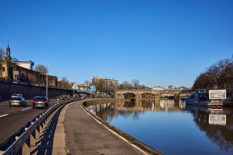 River Saar, footpath and cycle path, riverbank, general architecture, reflections on the water