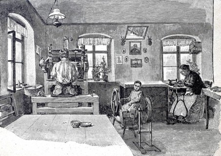 Glove-making workshop, view into a glove-making room, around 1870, digitally enhanced reproduction