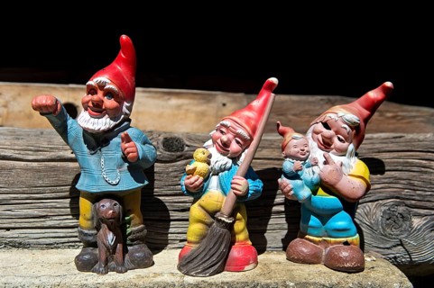 Family of garden gnomes, father, mother, children, Valais, Switzerland