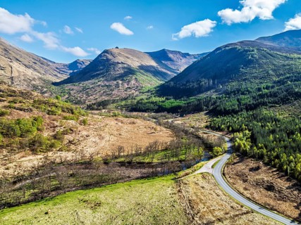 Glen Nevis Valley and River Navis from a drone, Fort William, Lochaber, Highland, Scotland, United