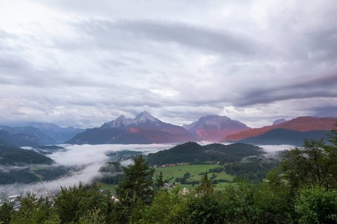 Marxenhöhe near Berchtesgaden with Watzmann view in the morning mist after the rain