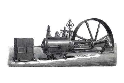 Steam engine, Sulzer machine, Historical, digitally enhanced reproduction of a 19th century