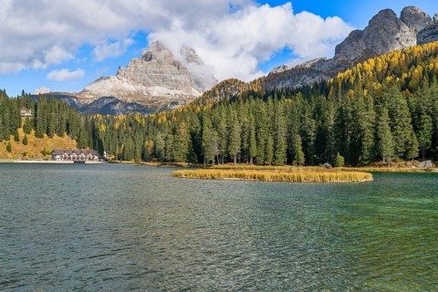 Lake Misurina with Three Peaks view, lake, water, autumn, clouds, mountains, Misurina, Cadore,