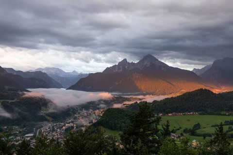 Marxenhöhe near Berchtesgaden with Watzmann view in the morning mist after the rain