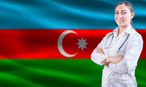 Female doctor on Azerbaijan flag. Doctor with crossed arms on Azerbaijan flag. Azerbaijan health