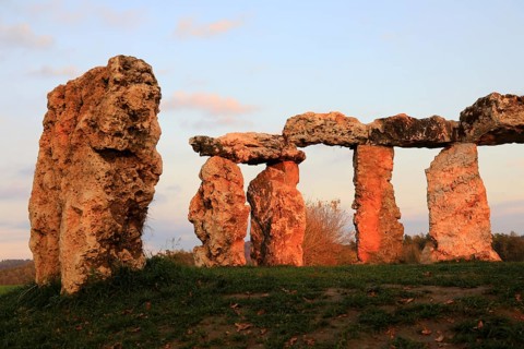 The Franconian Stonehenge in the evening light, permanent art installation made of boulders found