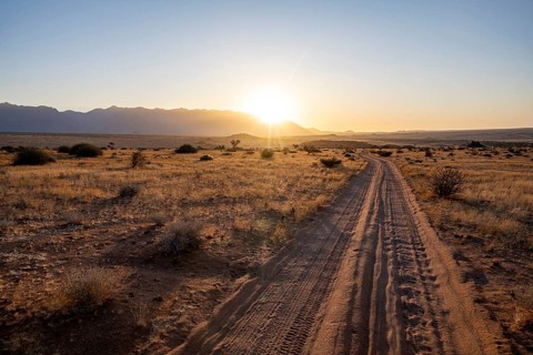 Sandy track, desert landscape in the evening light at sunset, backlit, Brandberg, Erongo,