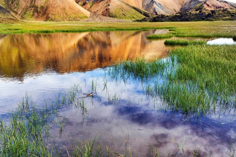 Volcanic landscape, colourful rhyolite mountains, reflection in water, Landmannalaugar, remote