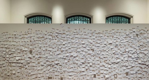 Gropius Bau Berlin, interior view, room with countless post it at the end of an exhibition, Berlin,