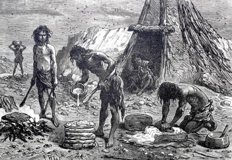Bakery, bread baking in prehistoric times, digitally enhanced reproduction of a 19th century model,