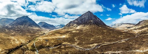 Panorama of The Buachaille Mountain and Moors over Glen Etive Valley from a drone, Buachaille Etive