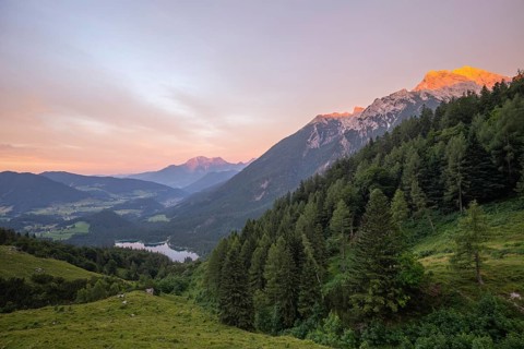 Magical sunset at the Halsalm above Hintersee with views of Hoher Göll and Hochkalter