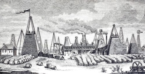 Petroleum wells in Oelheim, Ölheim, oil production, drilling rigs and oil barrels, around 1882,