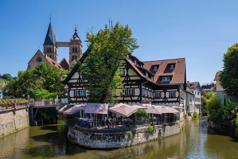 View from the Agnesbrücke bridge onto the Roßneckarkanal canal, historic half-timbered houses with