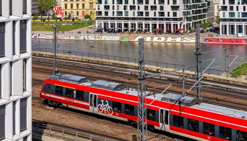 View from the roof of the Futurium Museum onto the Humboldt harbour at Berlin Central Station,