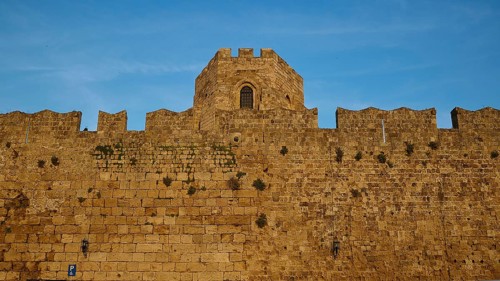 Tower, Rhodes city wall, Morning light, Robust medieval wall with battlements under a bright blue