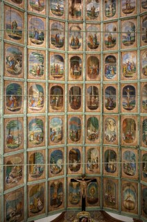 Interior view, church ceiling, wooden ceiling with New Testament scenes, apostles and the secondary