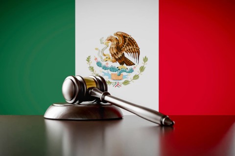Wooden gavel resting on table in front of mexican flag