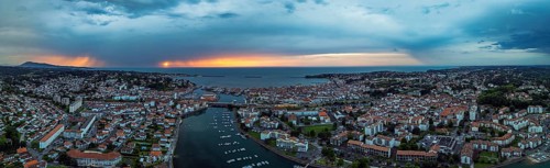 Panorama of Sunset over Saint-Jean-de-Luz from a drone, Nouvelle-Aquitaine, Pyrenees-Atlantiques,