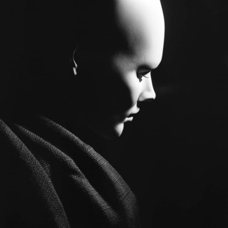 A smooth, featureless bust of mannequin head presented in profile against a dark background