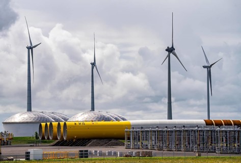 The seaport of Eemshaven, Julianahaven Basin, where the foundation structures, monopiles, for