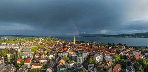 Luftbild, Panorama von der Stadt Radolfzell am Bodensee mit der historischen Altstadt und dem